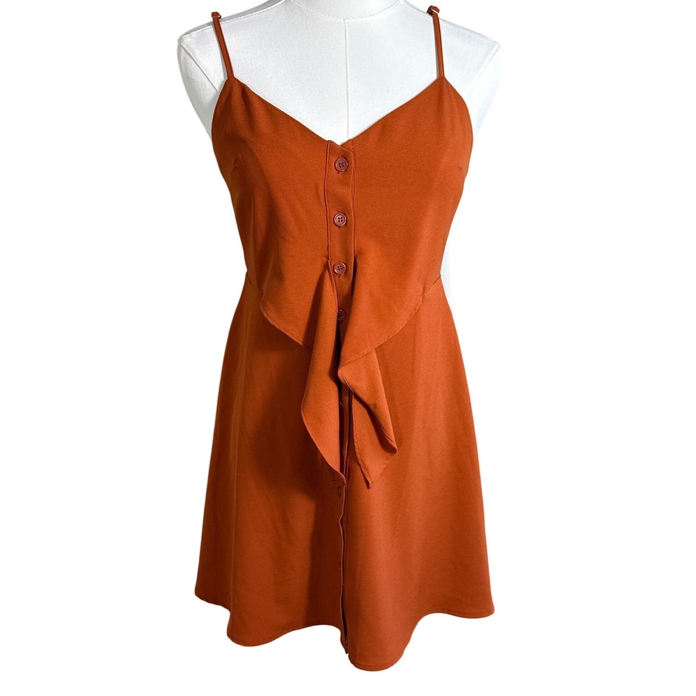 Forever 21 Rust Orange Ruffle Front Button Down Mini Dress Small